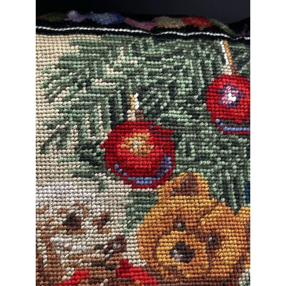 Wool Needlepoint Pillow Christmas Dog Cat Teddy Bears Tree Vintage Complete READ